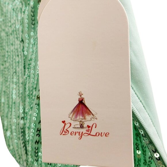 One-Shoulder Light Green Sequined Dress With Ribbon Waist Flowing Skirt Size M - Picture 12 of 12